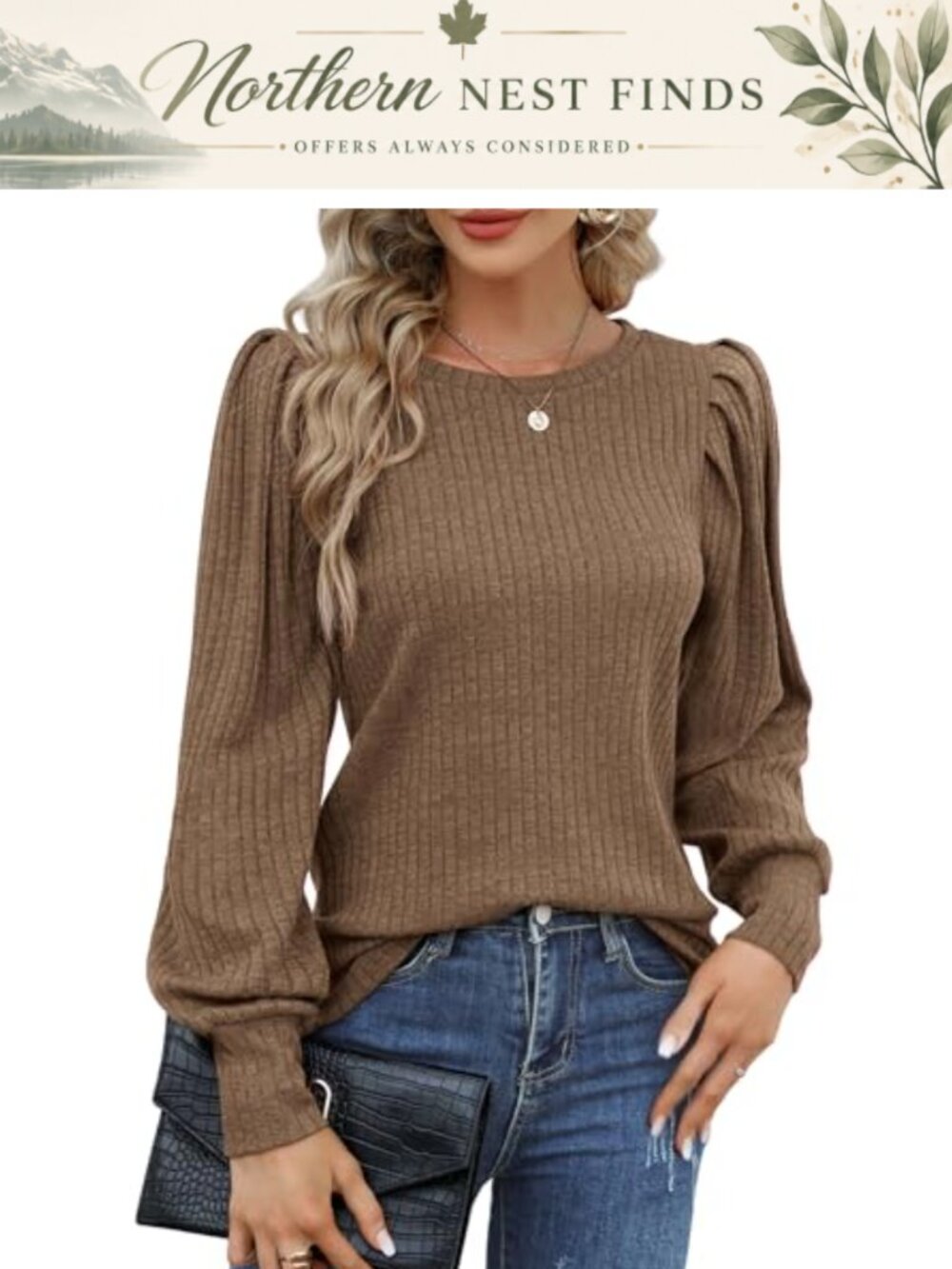Women's Knit Puff Long Sleeve Blouse Soft Round Neck Tunic